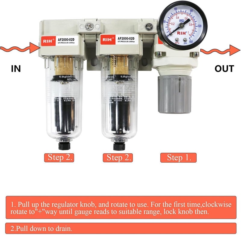 RIH Store Pneumatics 1/4'' NPT Auto Drain Compressed Air Double Filter & Regulator, Air Compressor Water Separator, Auto Drain, Poly Bowl,0-150 psi Gauge, 5 Micron Brass Element AC2110-02D(1/4 NPT) - Image 5